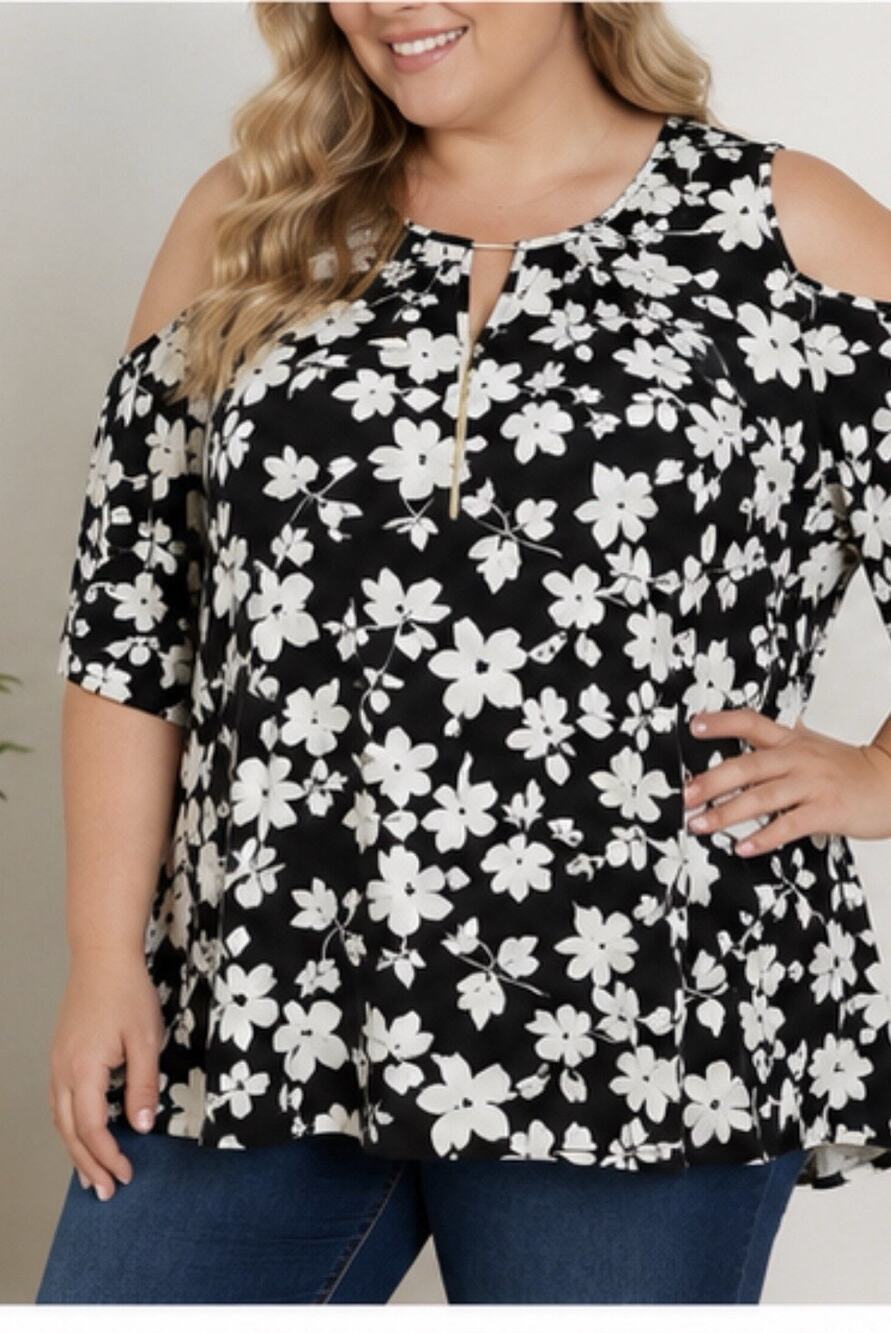 M&Co Plus Womens Black White Floral Cold Shoulder Blouse Tunic Top XL